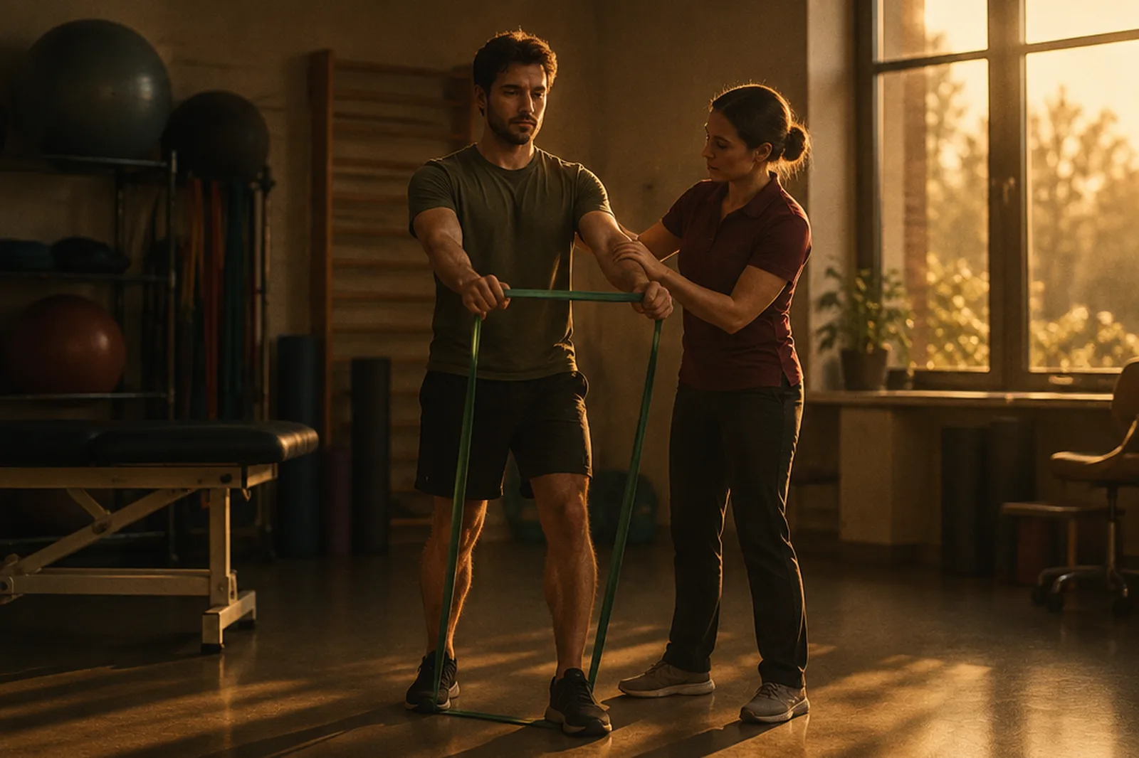 A patient performing a resistance band exercise guided by a physiotherapist