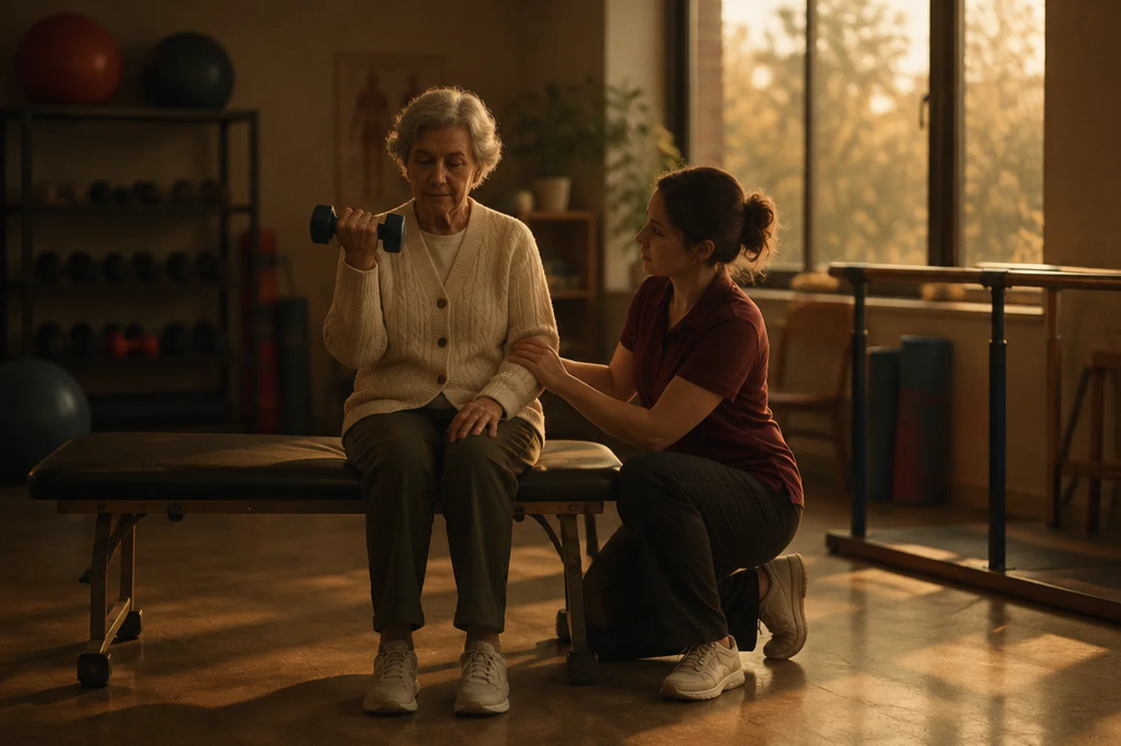 A physiotherapist guiding an older adult through a supported strengthening exercise