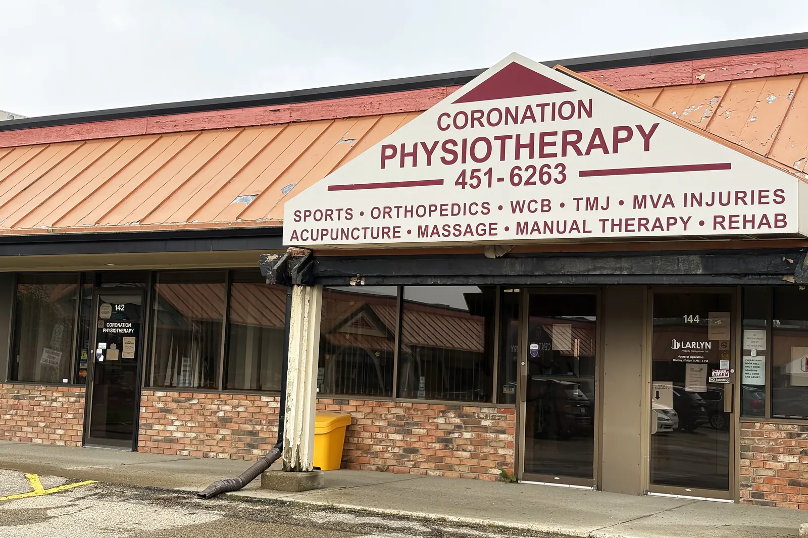 Coronation Physiotherapy building exterior and signage on 118 Avenue
