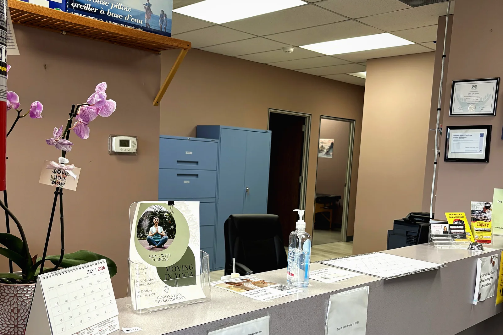The reception desk inside the clinic where you check in