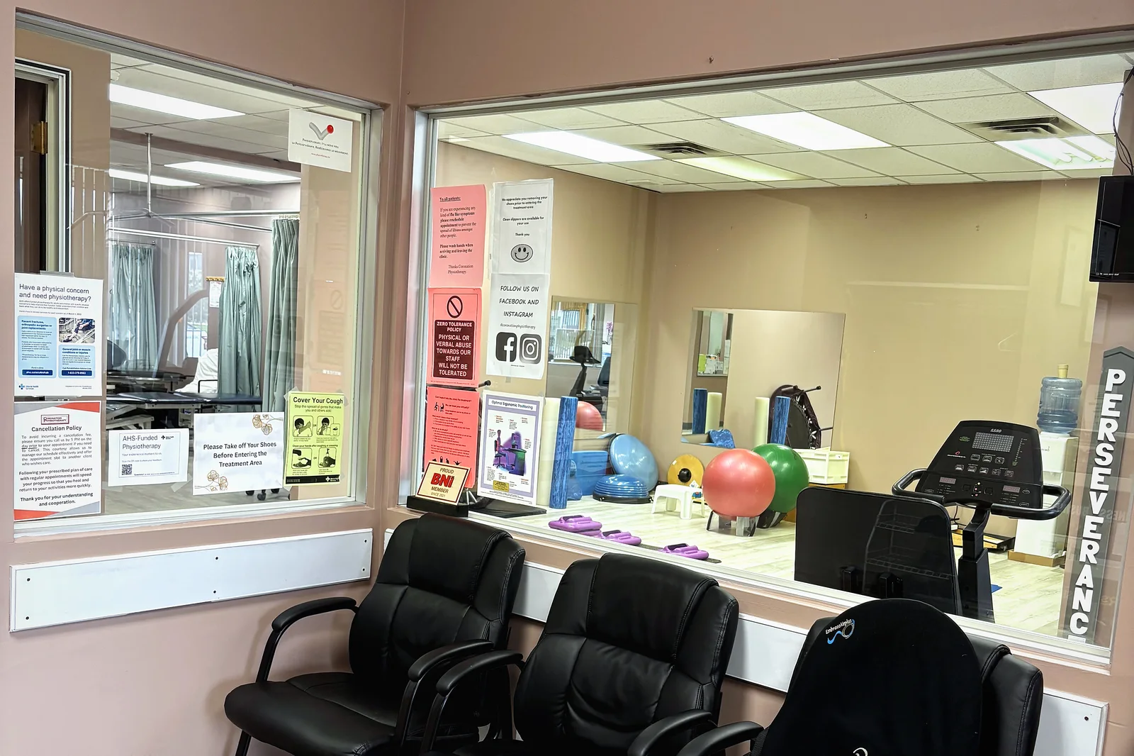 The waiting area beside the reception window
