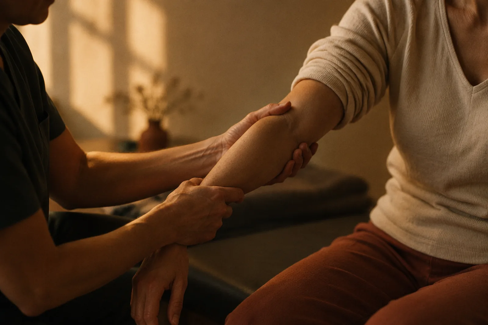 A physiotherapist working along the forearm and elbow of a patient