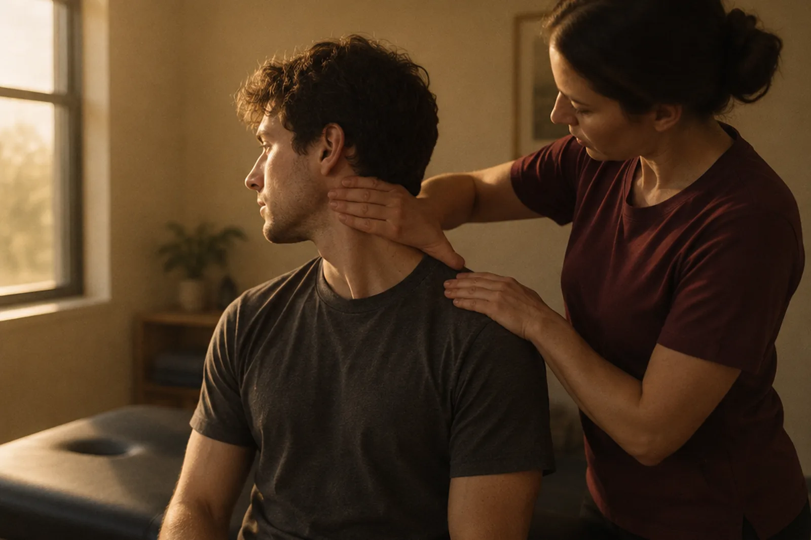 A physiotherapist supporting the neck of a seated patient during a range of motion assessment