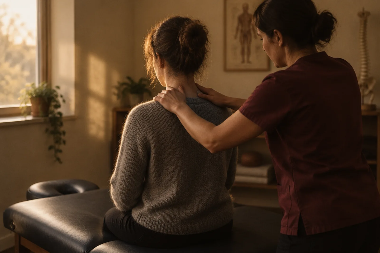 A physiotherapist treating the neck and upper shoulders of a seated patient