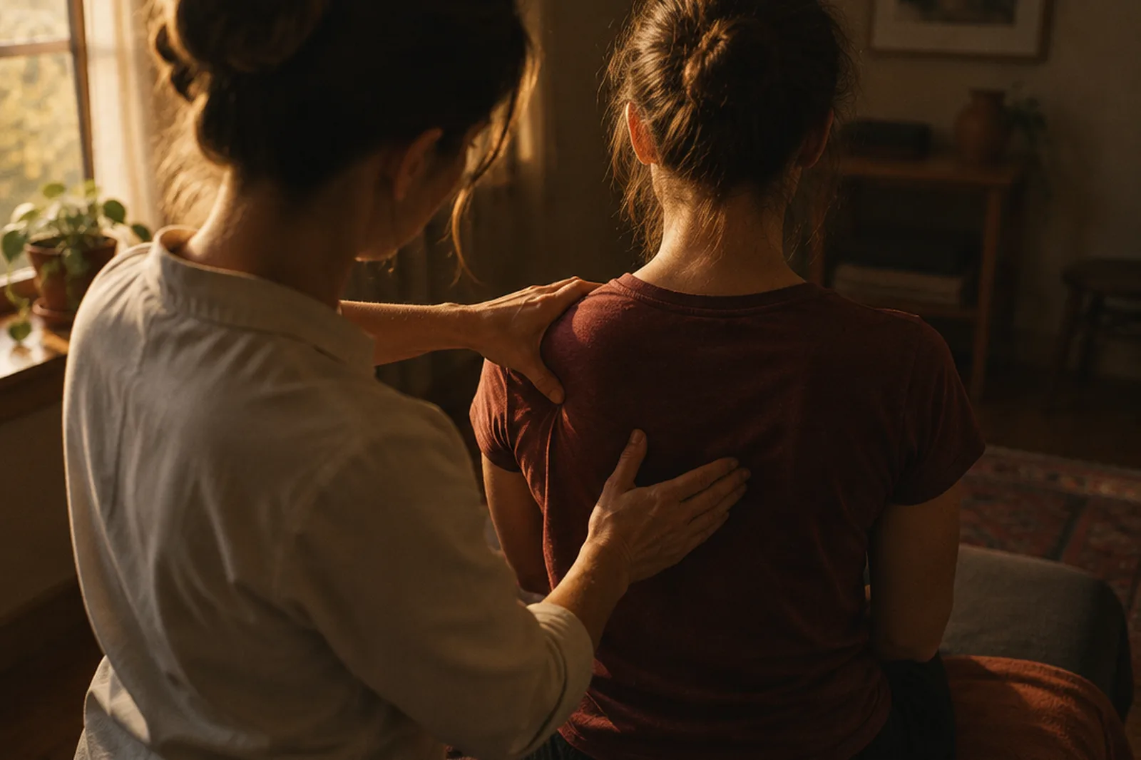 A physiotherapist assessing the shoulder blade of a seated patient