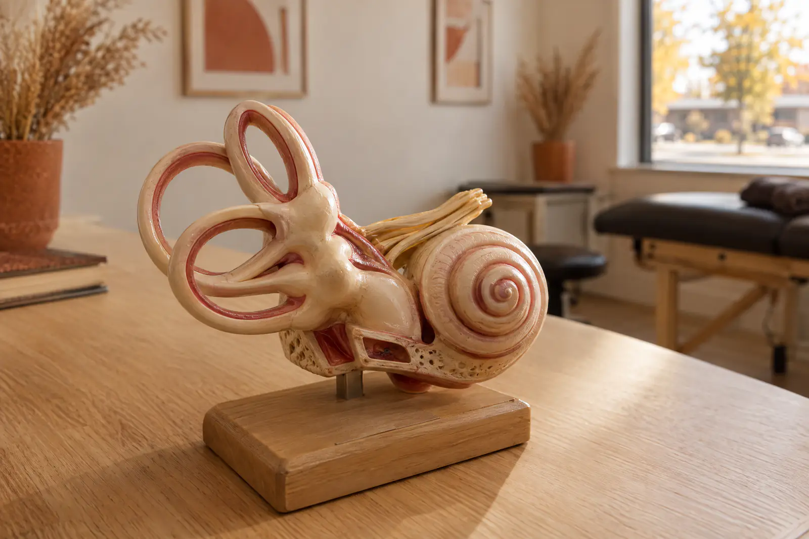 An anatomical model of the inner ear showing the balance canals