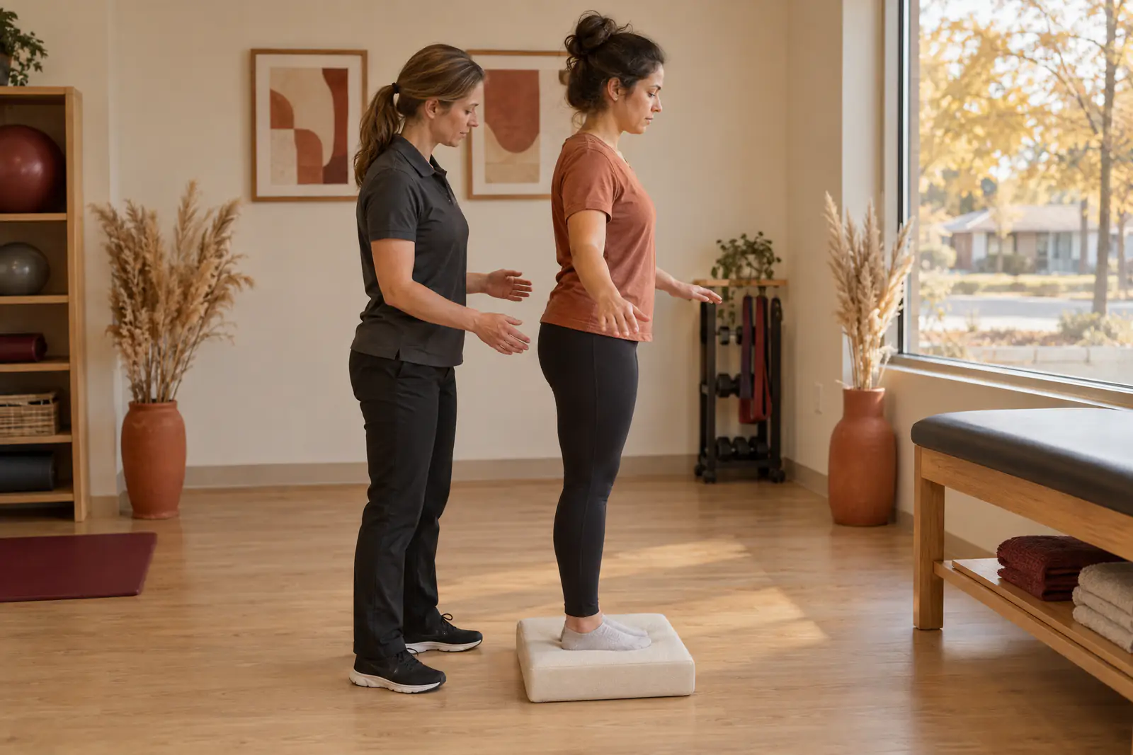 A person standing on a foam balance pad in a rehab gym while a physiotherapist stands close by