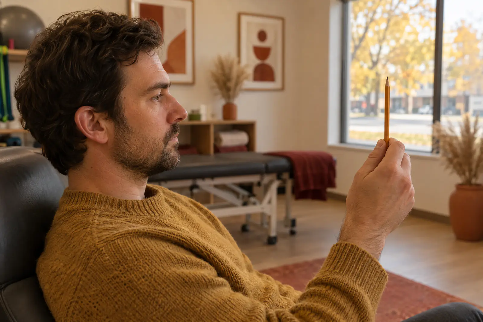 A person holding a pen upright at arm's length and focusing on its tip during a gaze exercise