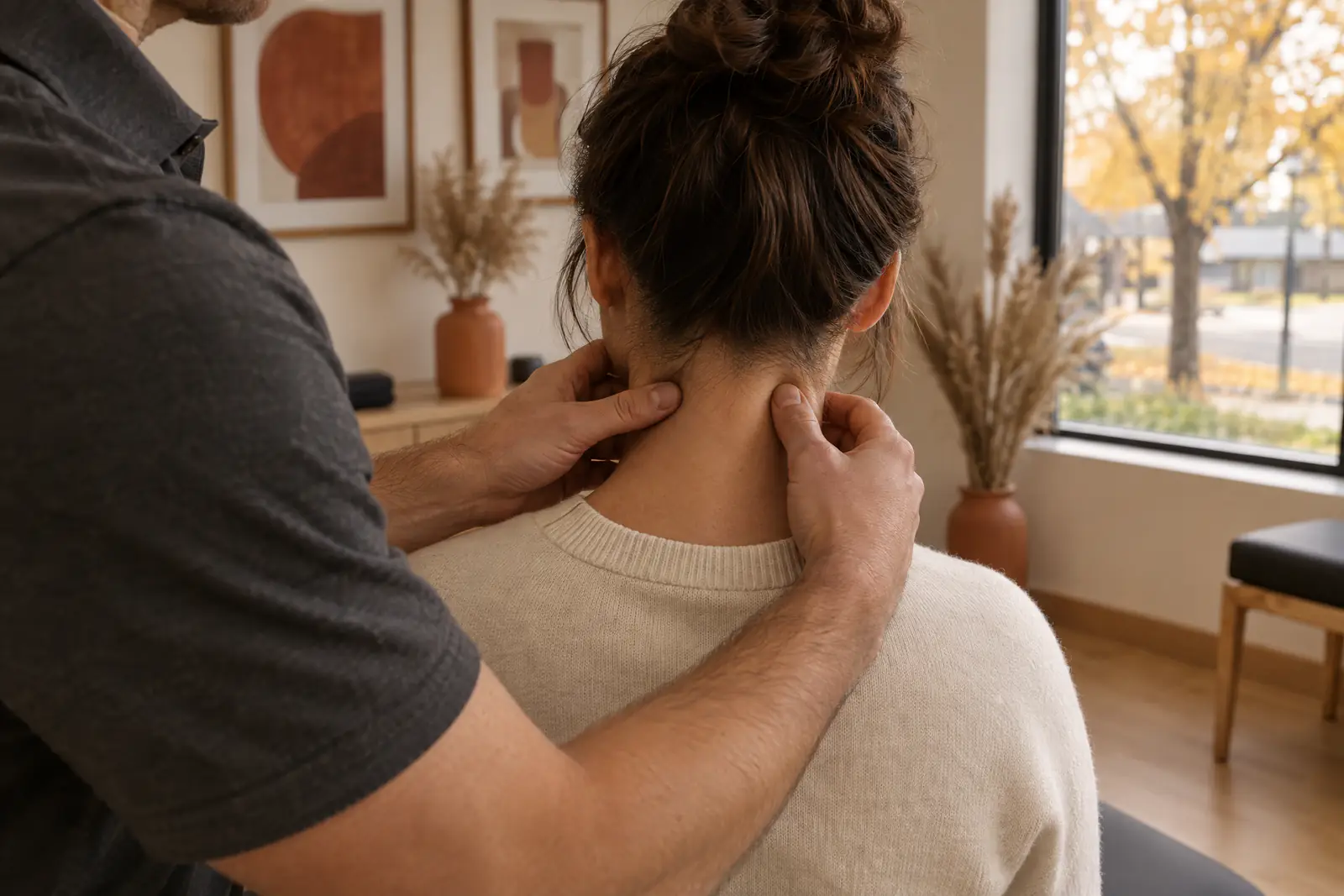A physiotherapist's hands assessing the neck of a seated patient