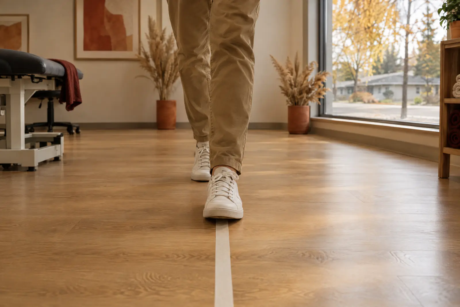 A person walking heel to toe along a line on a clinic floor