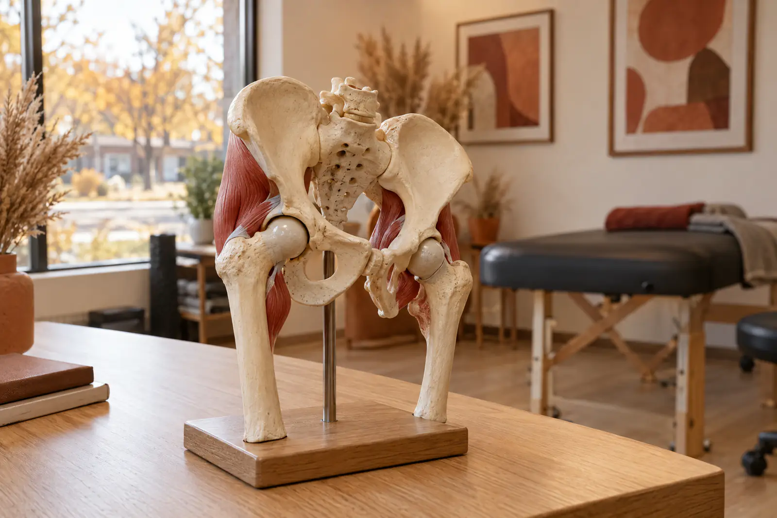 An anatomical model of the pelvis and hip joint on a clinic desk