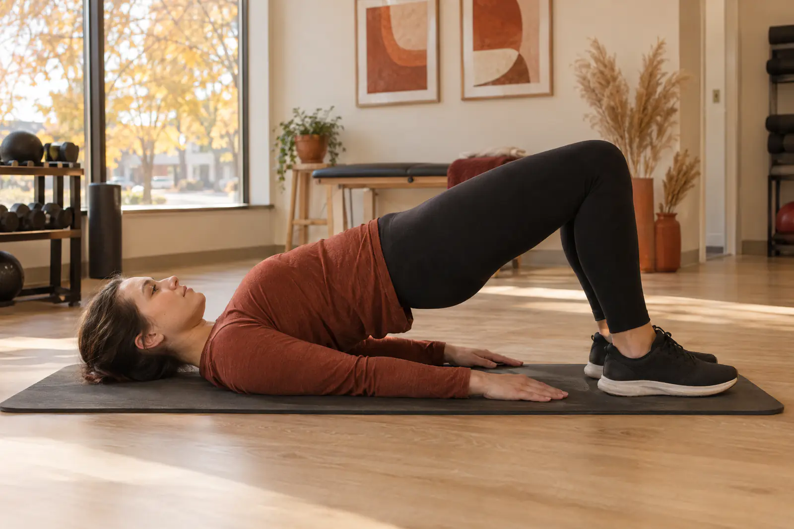 A person doing a glute bridge on an exercise mat
