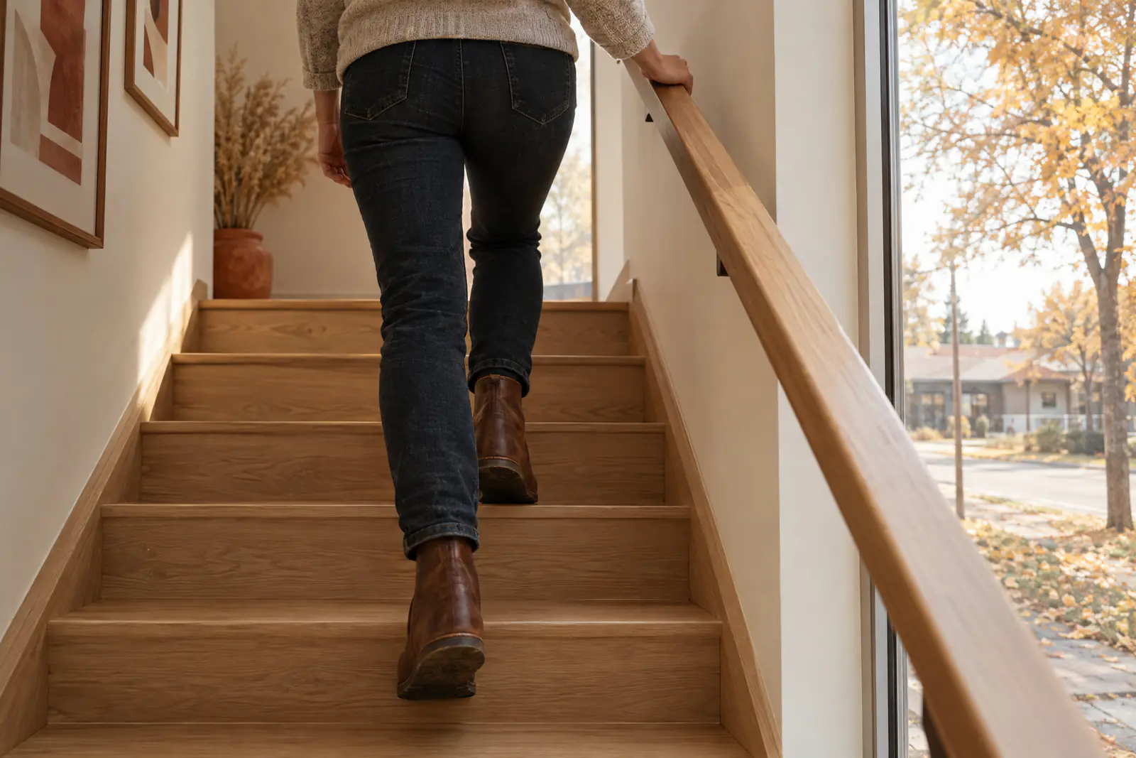 A person walking up a flight of stairs, shown from the waist down