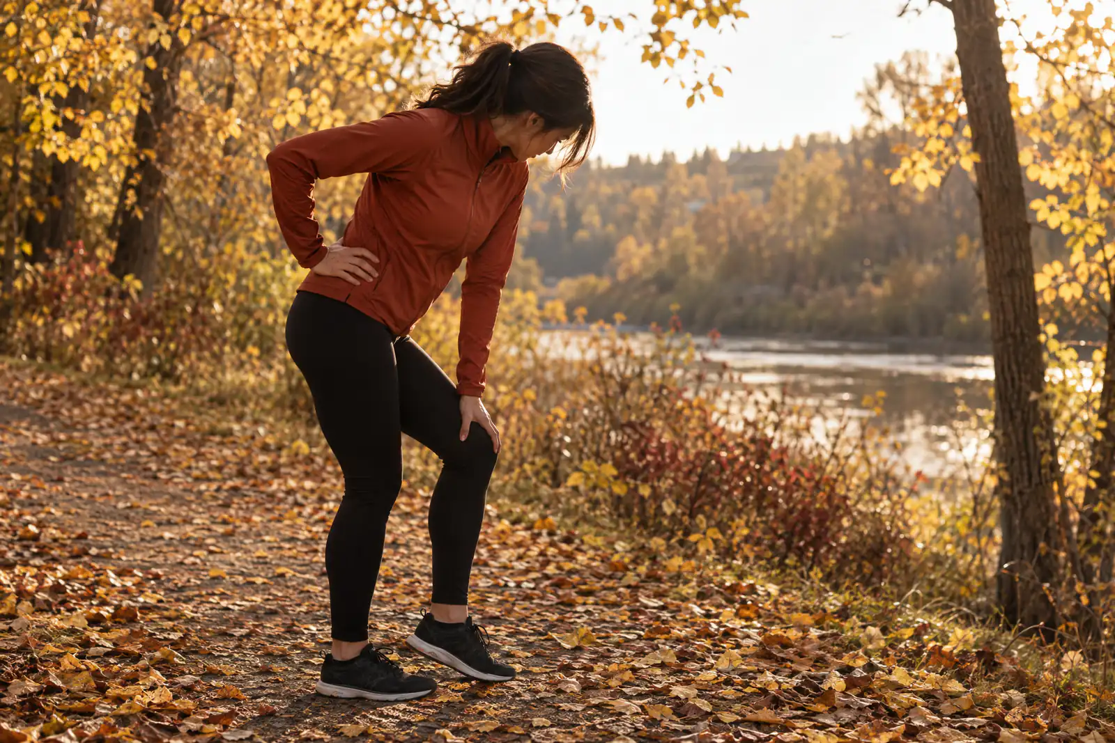 A runner stopped on a woodland trail with one hand on her knee