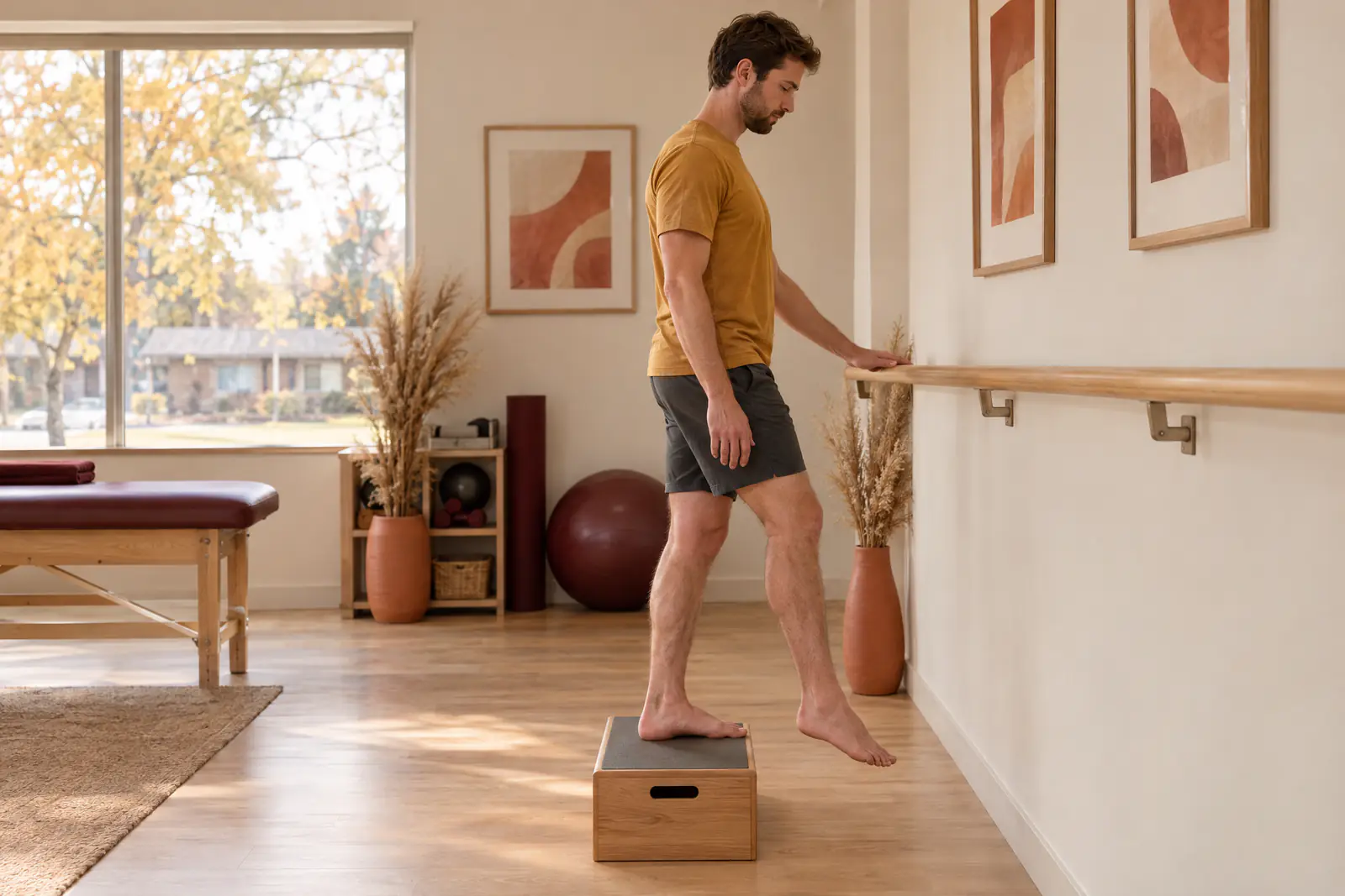 A man standing on a low step and slowly lowering his other foot toward the floor