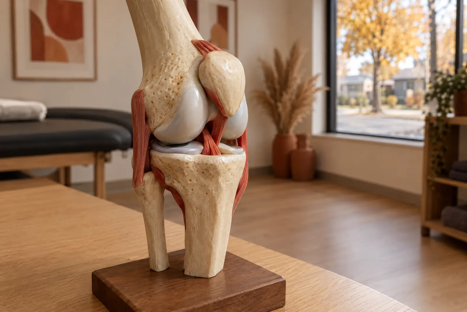 An anatomical model of the knee joint showing the cartilage surfaces