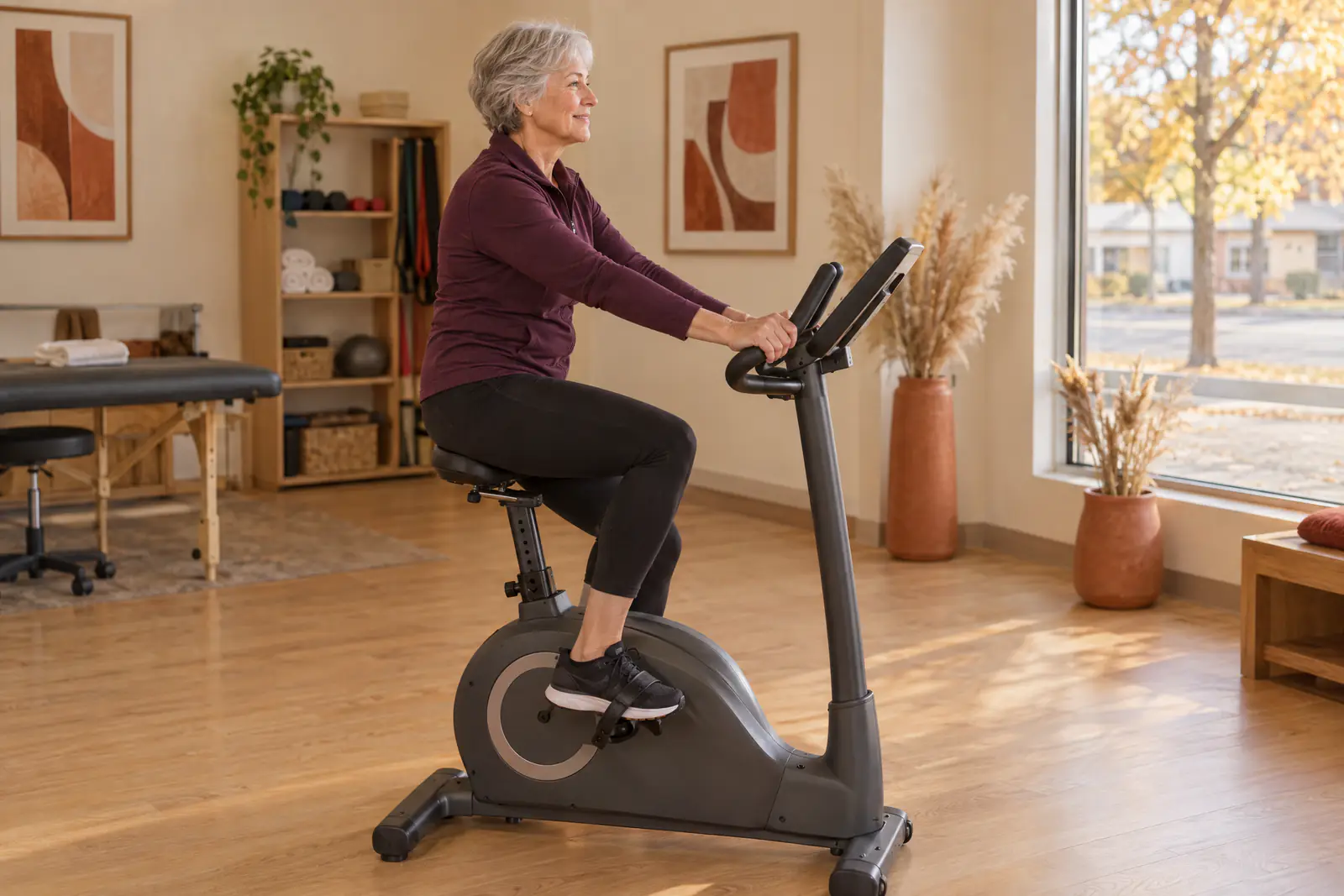 An older adult pedalling a stationary bike in a rehab gym