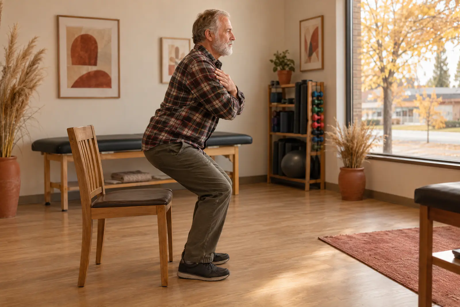 An older adult rising from a chair during a sit to stand exercise