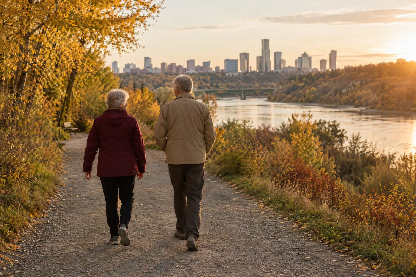 Two older adults walking on an autumn trail, seen from behind