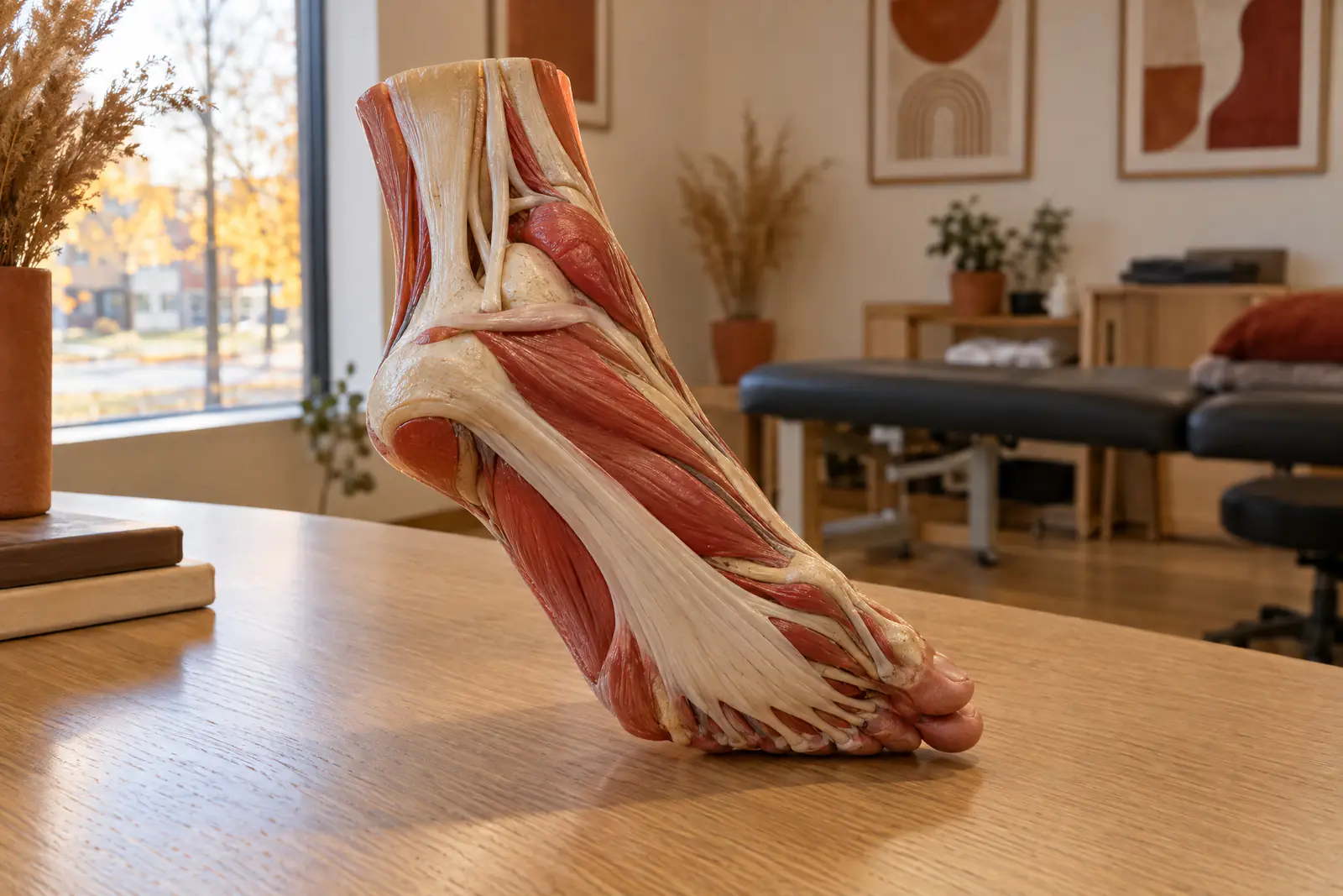 An anatomical model of the foot showing the plantar fascia running from the heel to the toes