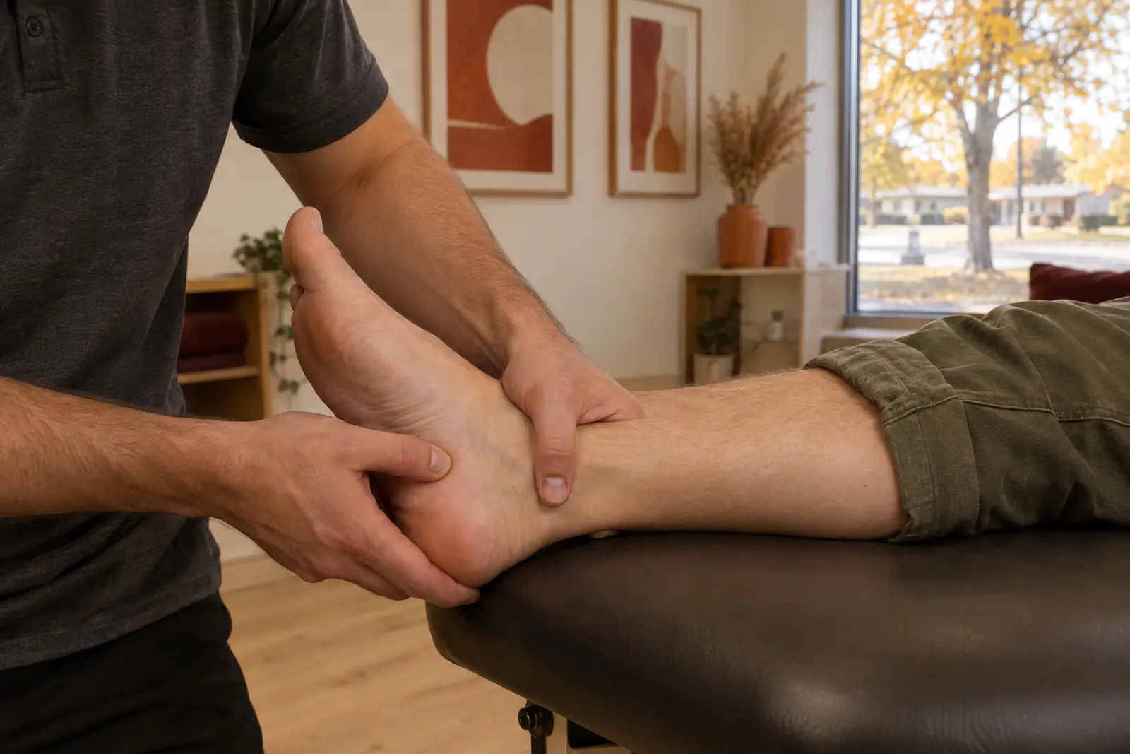 A physiotherapist pressing along the inside of a patient's heel and arch during an assessment