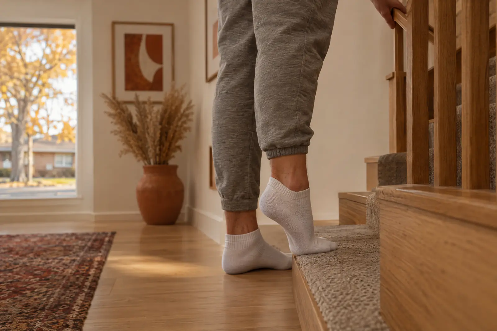 A person doing a single leg heel raise on the edge of a stair