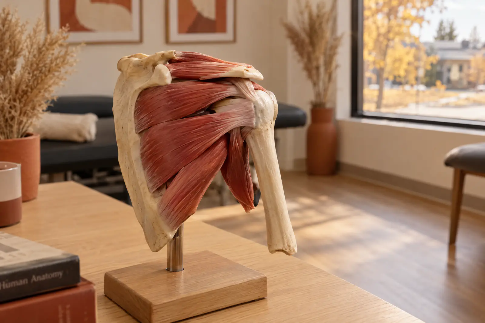 An anatomical model of the shoulder showing the rotator cuff muscles