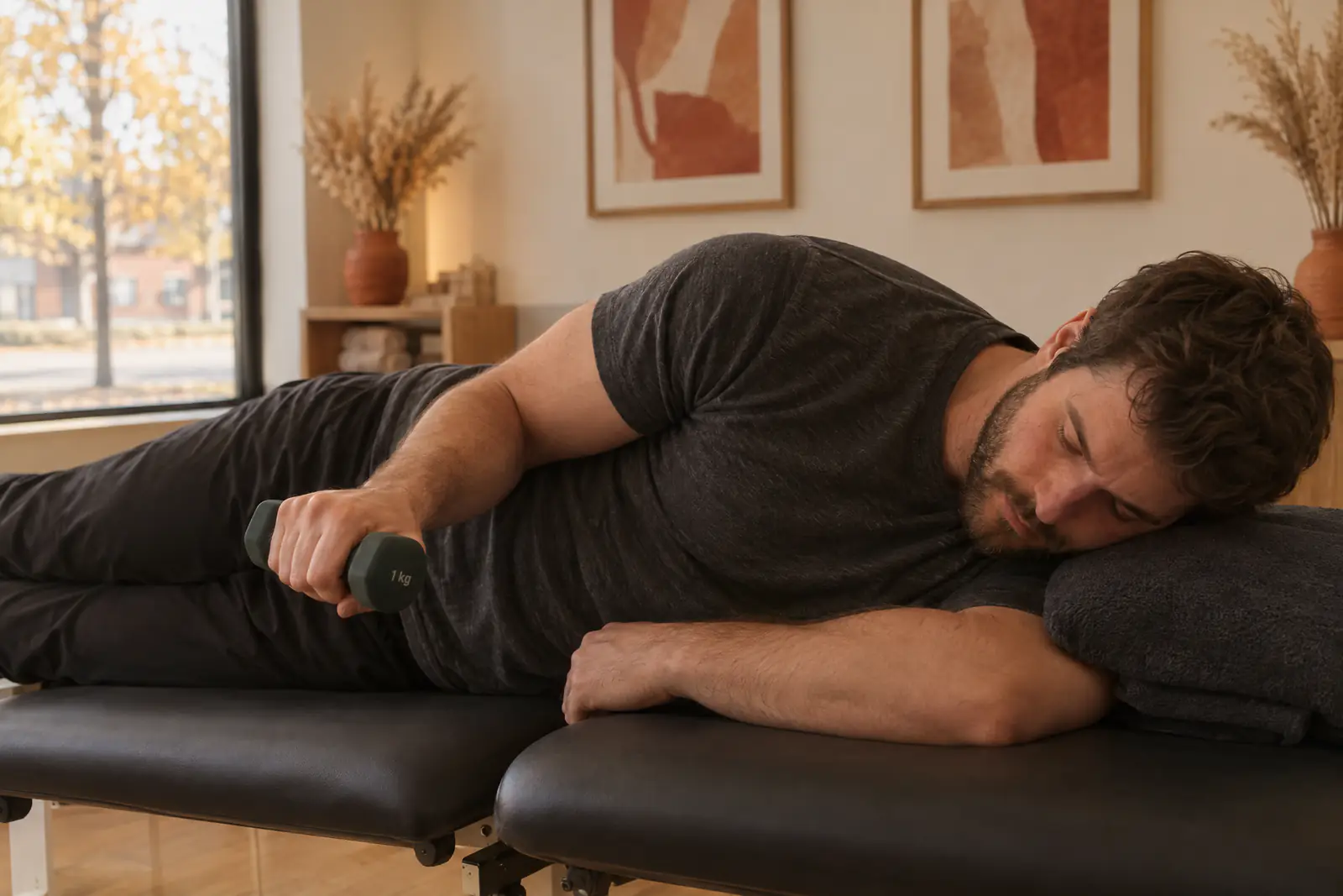 A person lying on their side lifting a light dumbbell in a shoulder rotation exercise