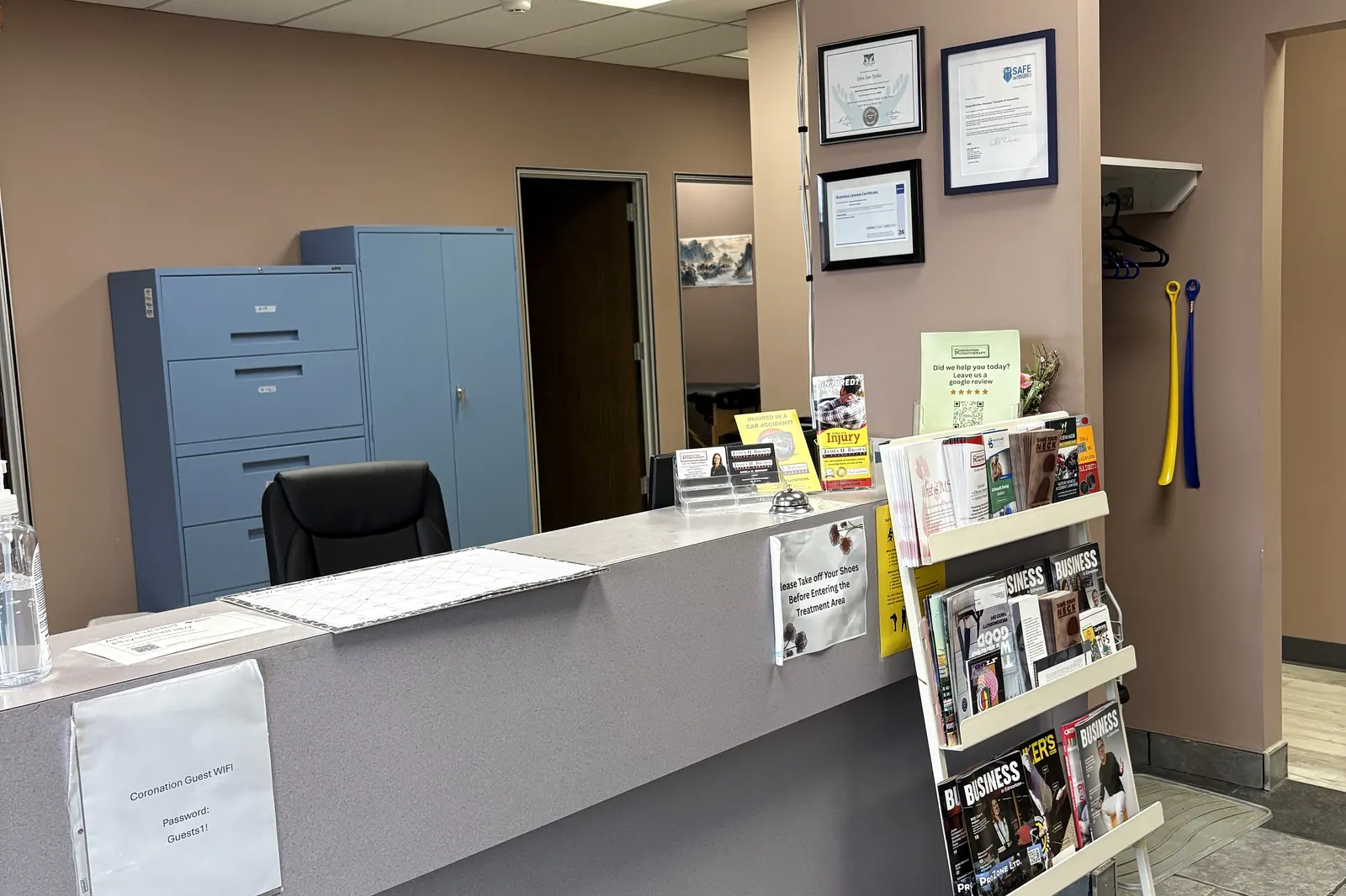 Reception desk at Coronation Physiotherapy where billing and bookings are handled