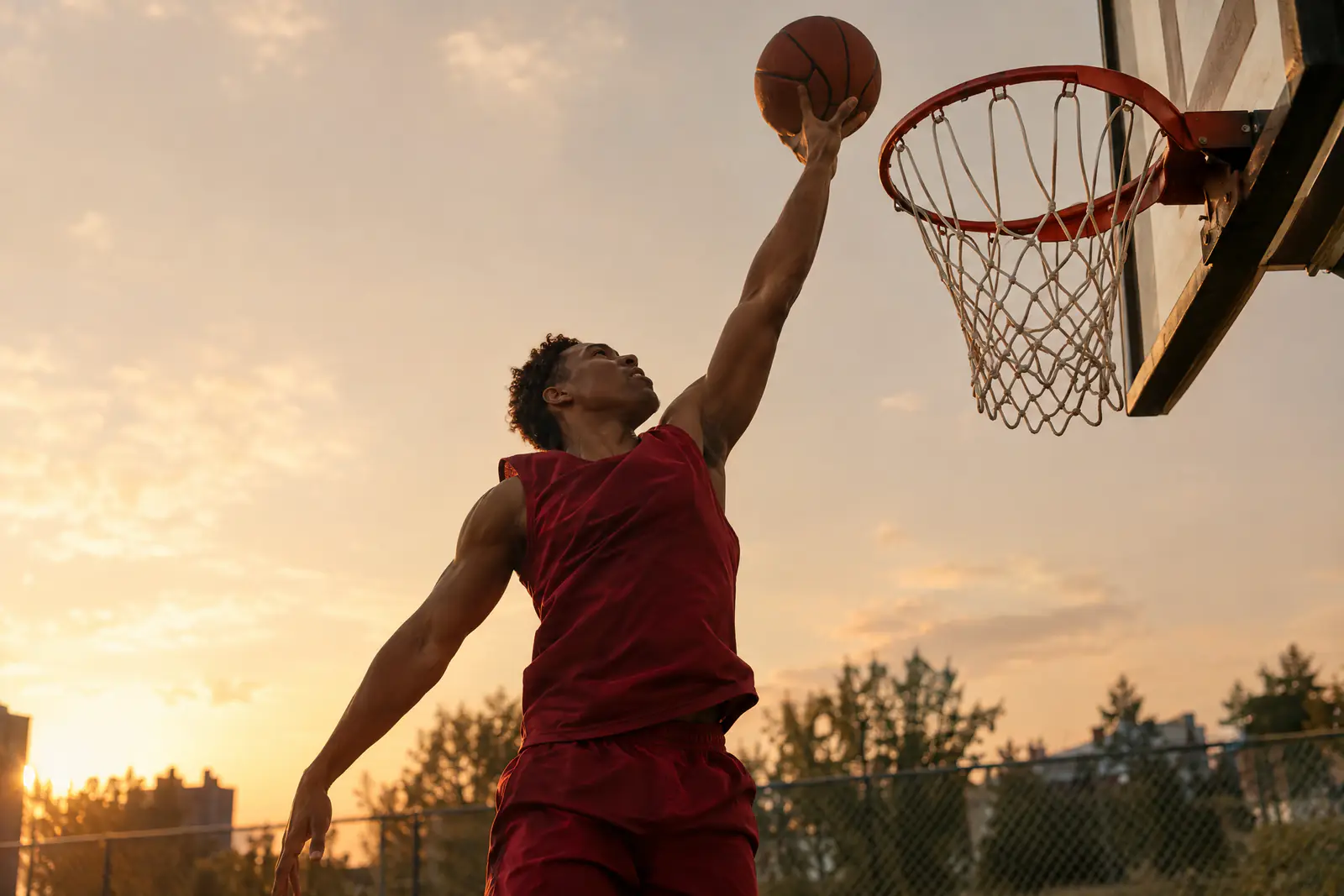 A basketball player jumping for a rebound on an outdoor court at golden hour