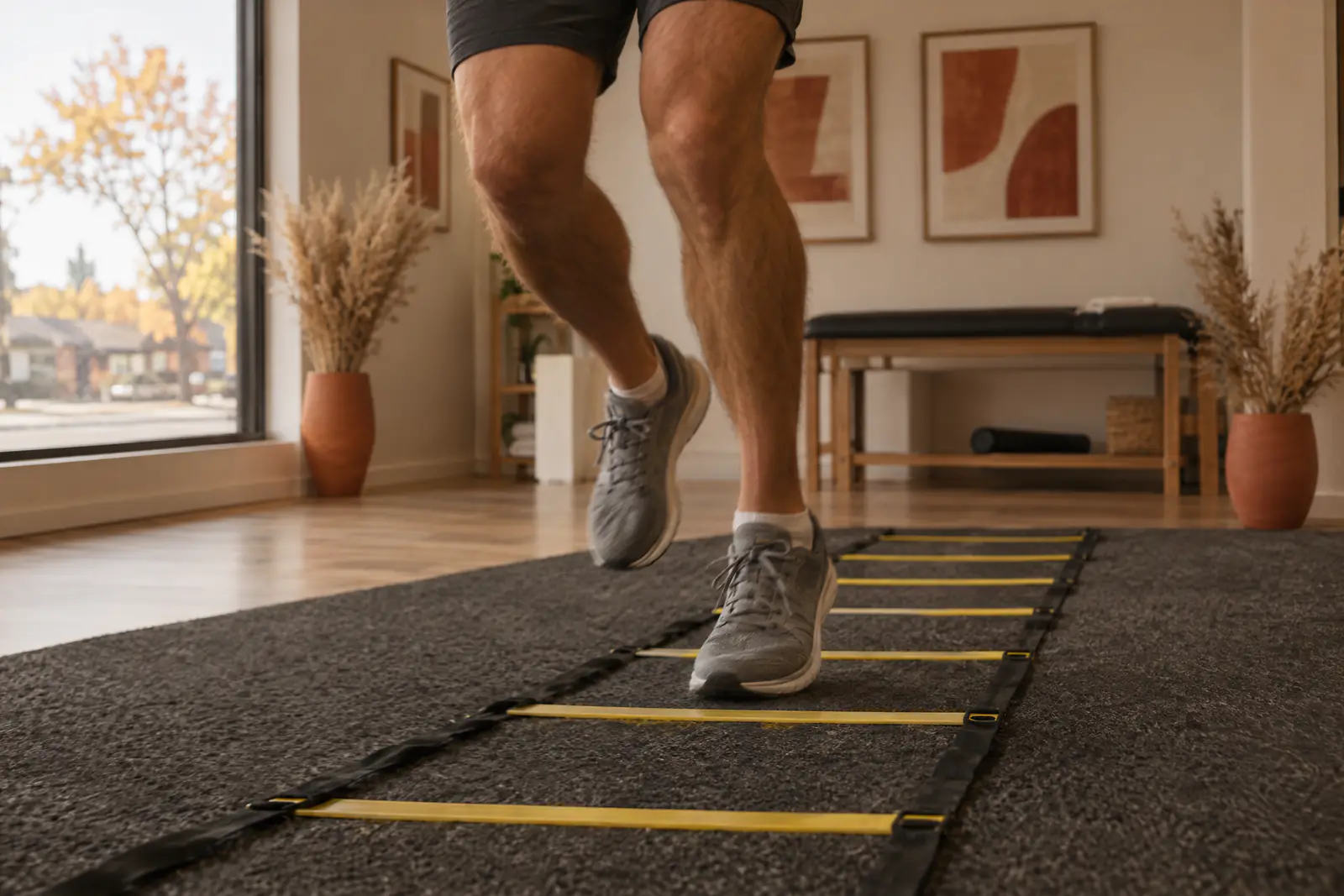 An athlete stepping quickly through an agility ladder on gym turf