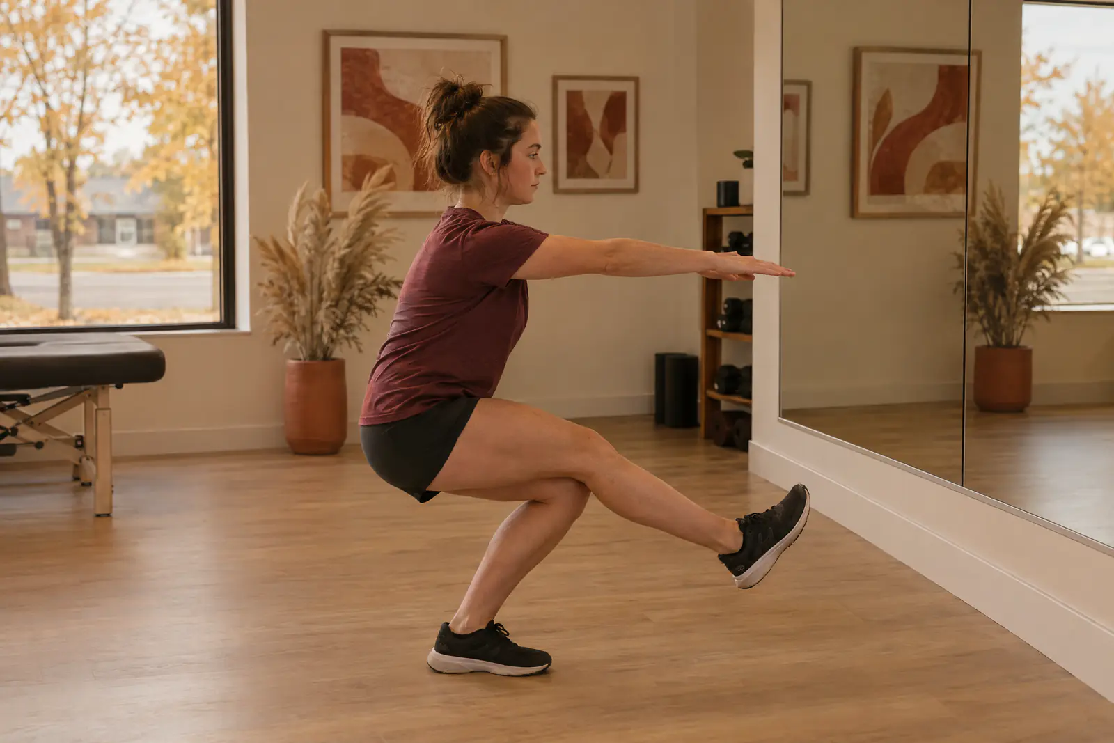 An athlete doing a slow single leg squat in front of a mirror