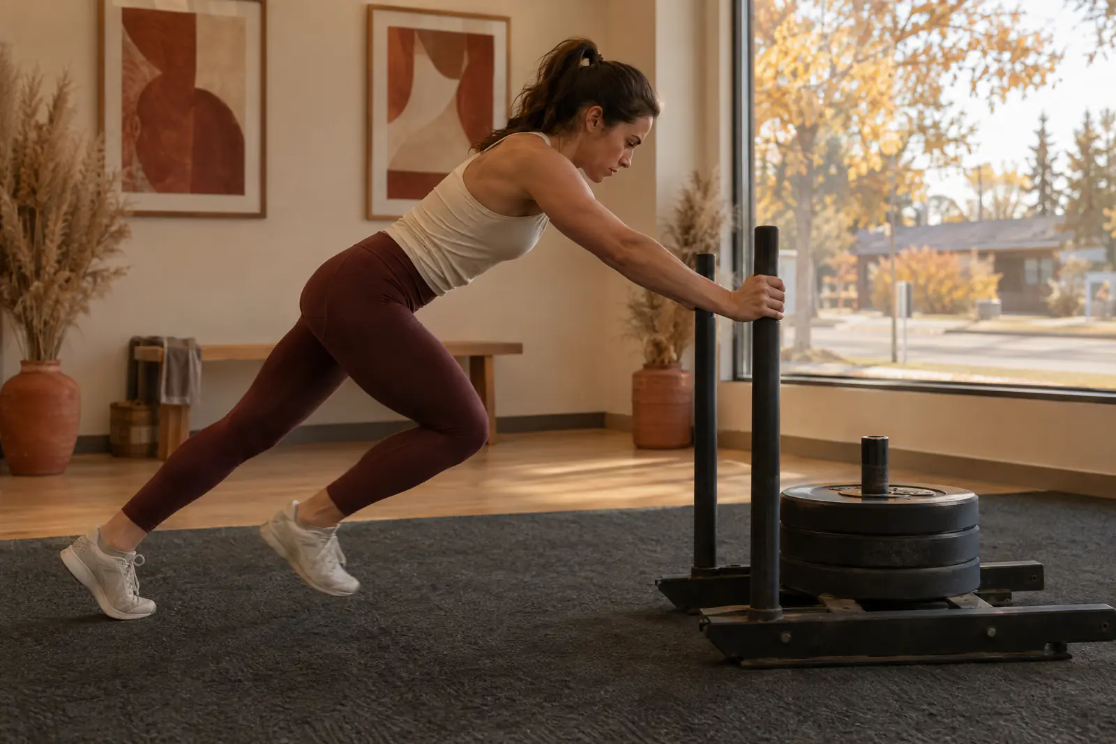 An athlete pushing a weighted sled across gym turf