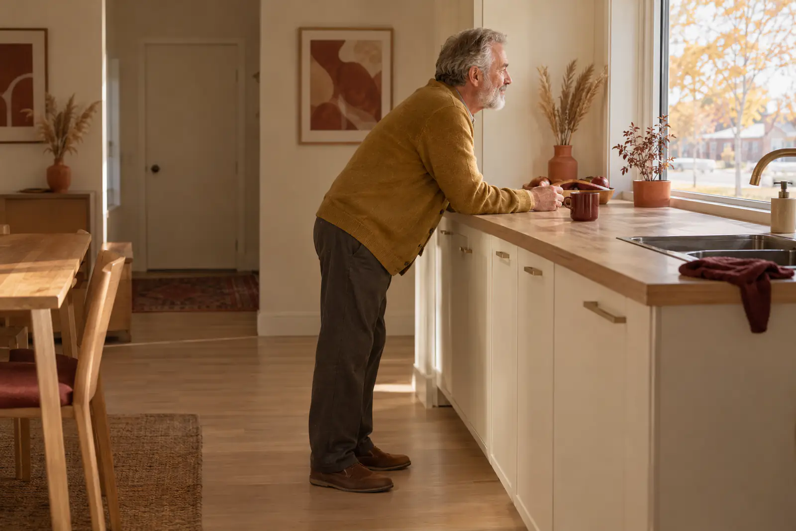 An older man leaning forward with his forearms on a kitchen counter