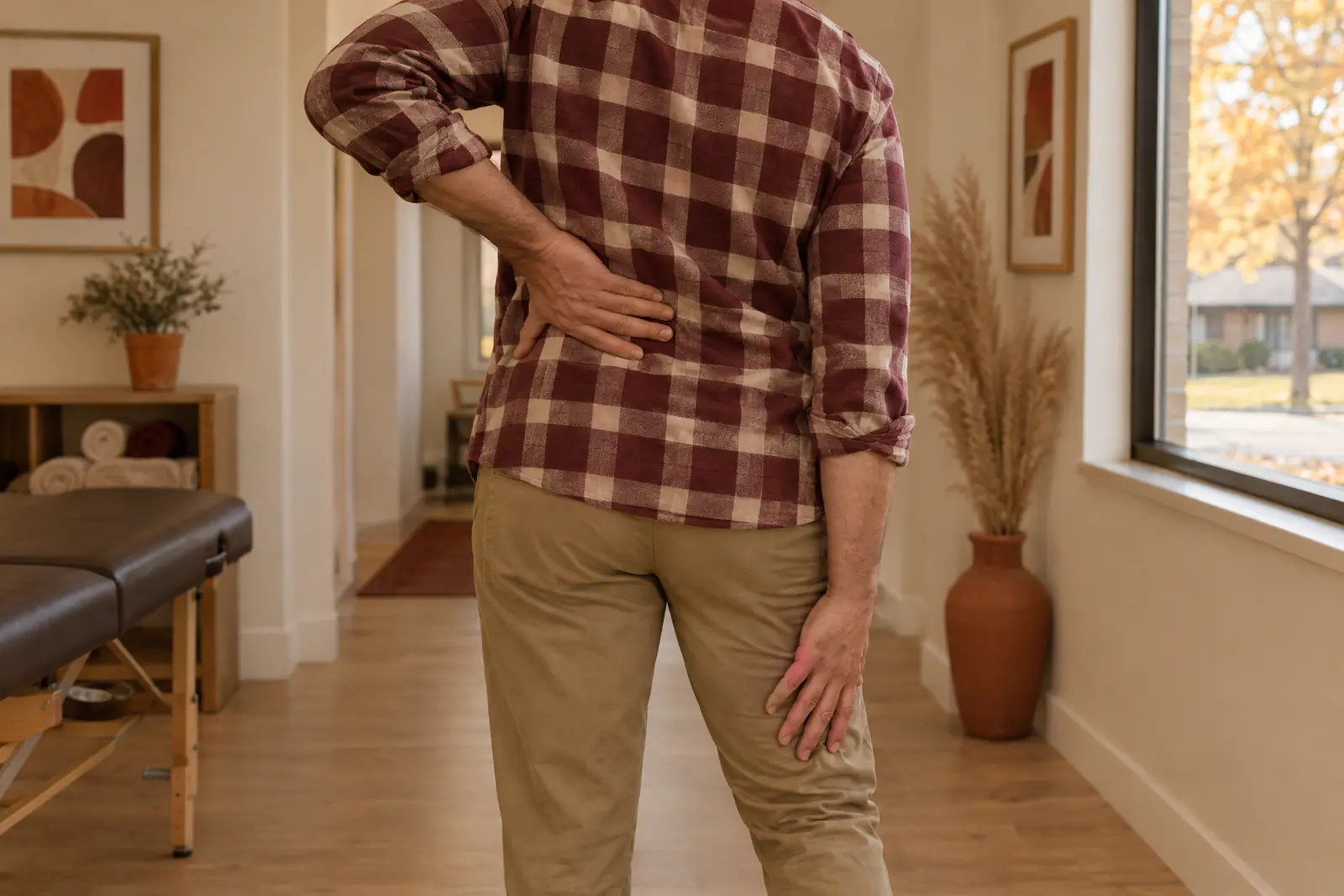 A man standing with one hand on his lower back and the other along the back of his thigh