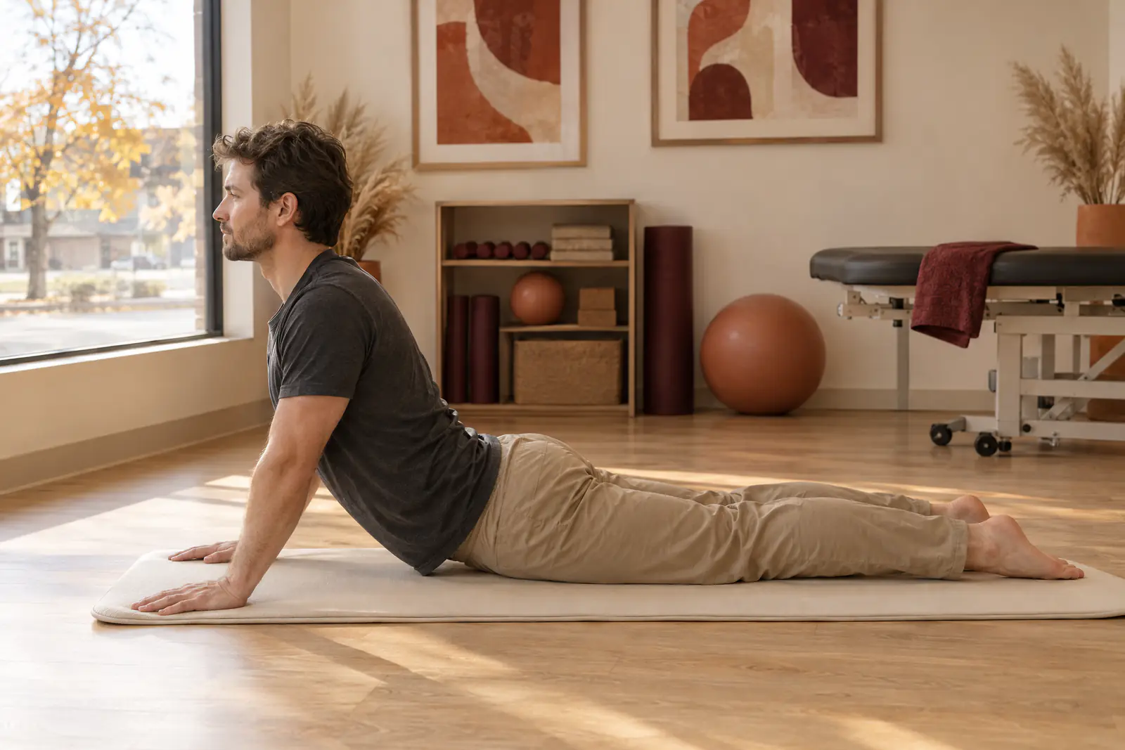 A man lying face down on a mat pressing his upper body up on straight arms