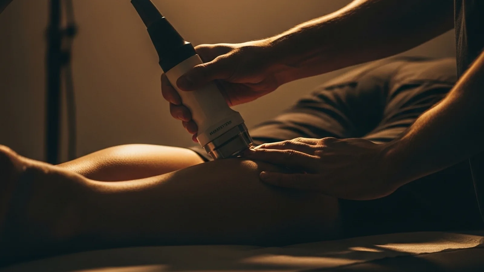 A shockwave handpiece being applied to a patient leg