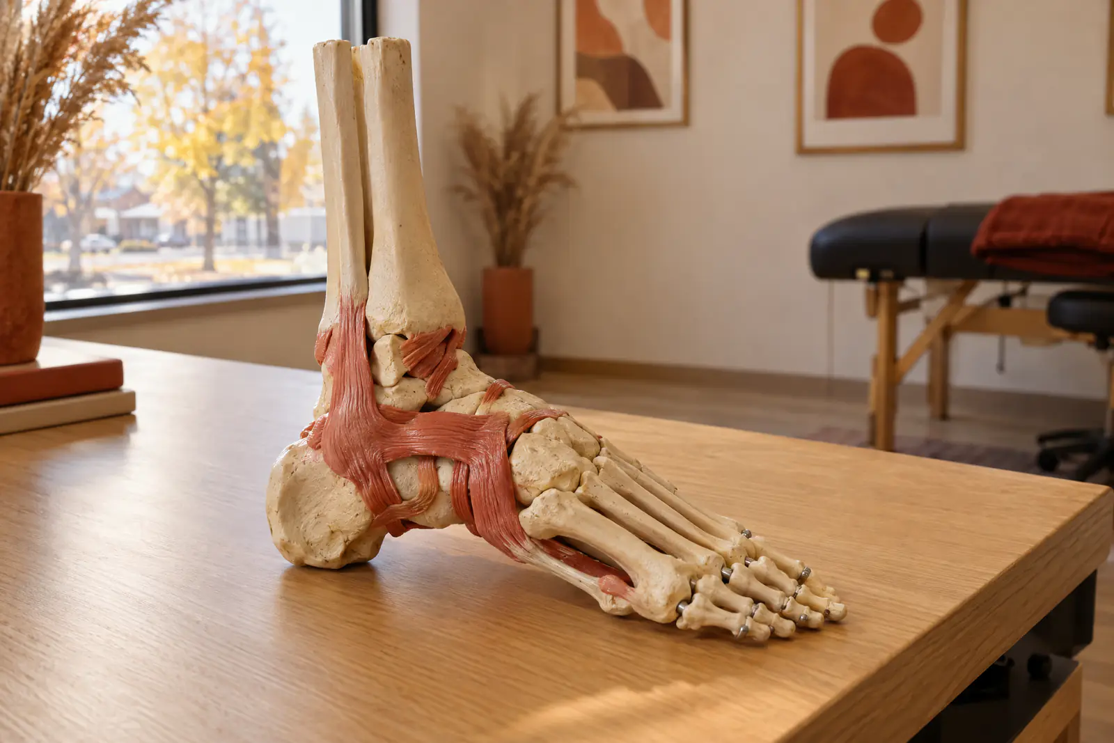 An anatomical model of the ankle showing the outer ligaments