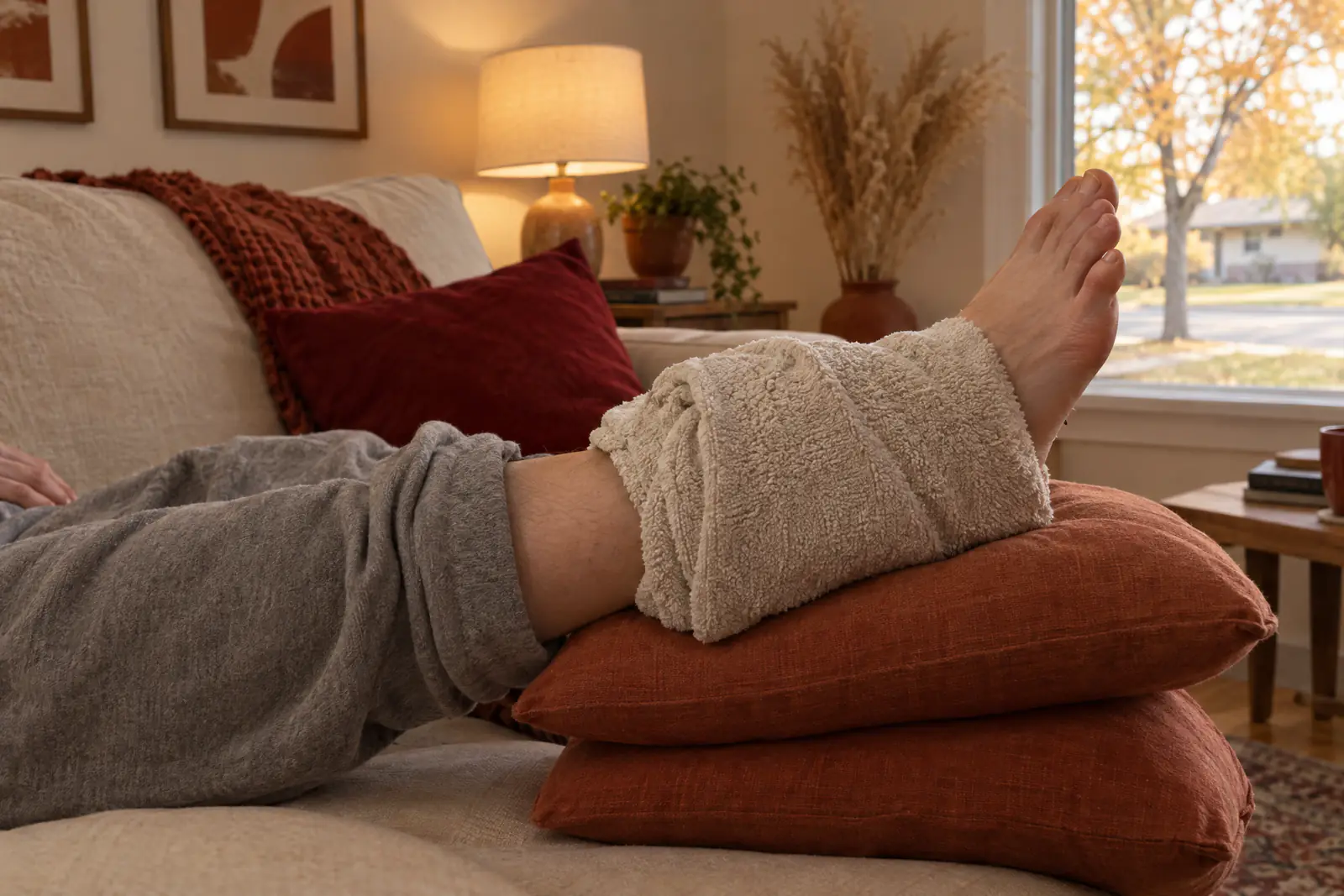 An injured ankle resting raised on cushions with a towel wrapped cold pack