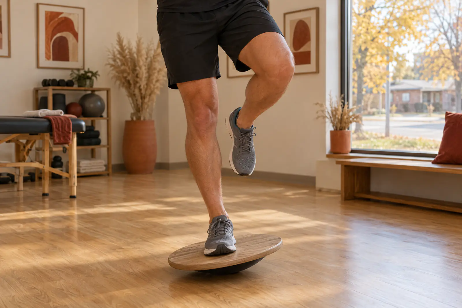 A person balancing on one leg on a wobble board in a rehab gym